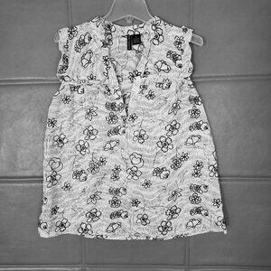Susan Lawrence Black & White Floral Embroidered Sleeveless Flutter Trim Blouse M